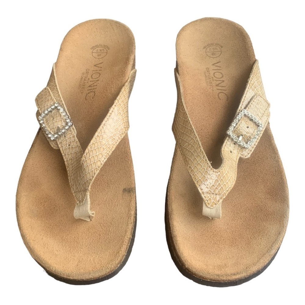 Vionic Women's Beige Embossed Thong Sandals with Crystal Buckle